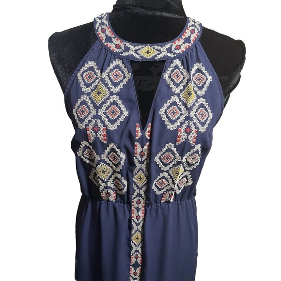 THML Maxi Dress Cross Stitch Mock Collar Blue Size M Beautiful - Picture 2 of 10